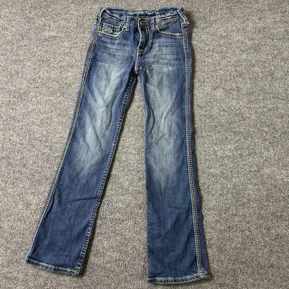 Cowgirl Tuff Co Jeans Girls Size 12 Blue Bootcut Multi Color Stitch Western